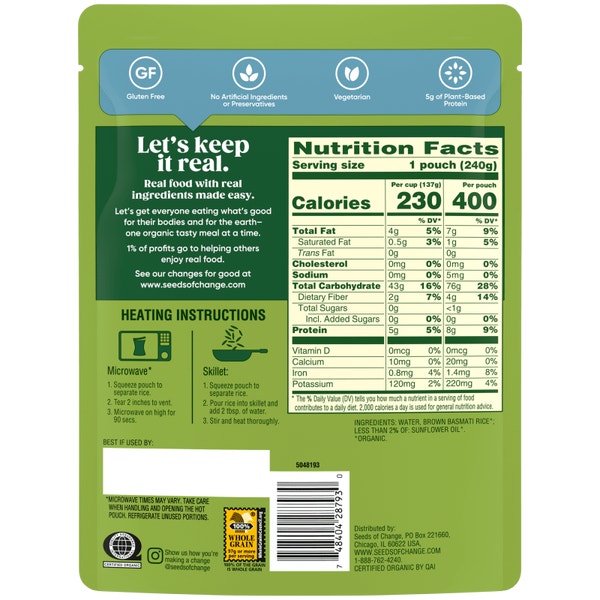 SEEDS OF CHANGE™ Certified Organic Brown Basmati Rice Pouch